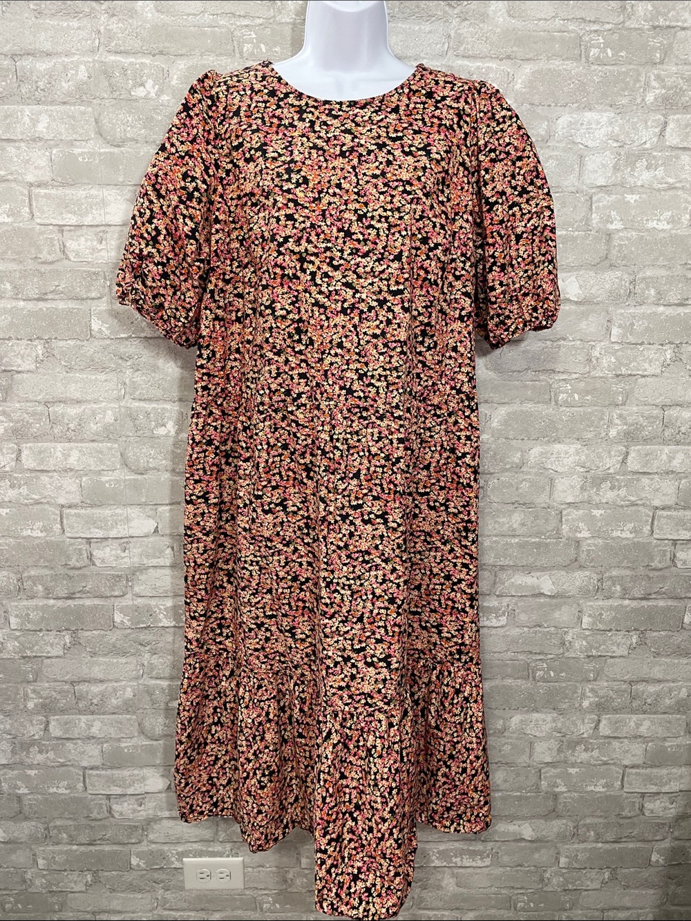 H&M Black Floral Midi Dress with Pink and Cream Accents